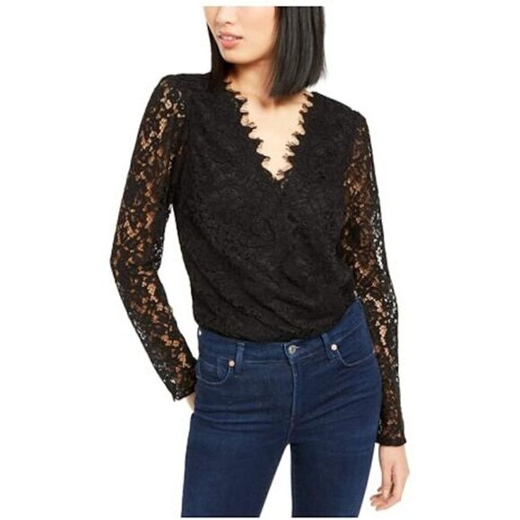 New Leyden Lace Black Bodysuit Snap Closure Long S - Picture 1 of 1